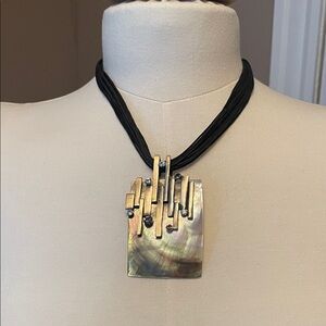 Black Cord Necklace with Iridescent Shell Pendant and Gold Accents